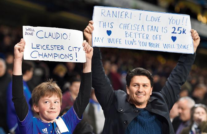 Chelsea fans celebrate as Leicester City became EPL champions in London on Monday. pic/Getty Images