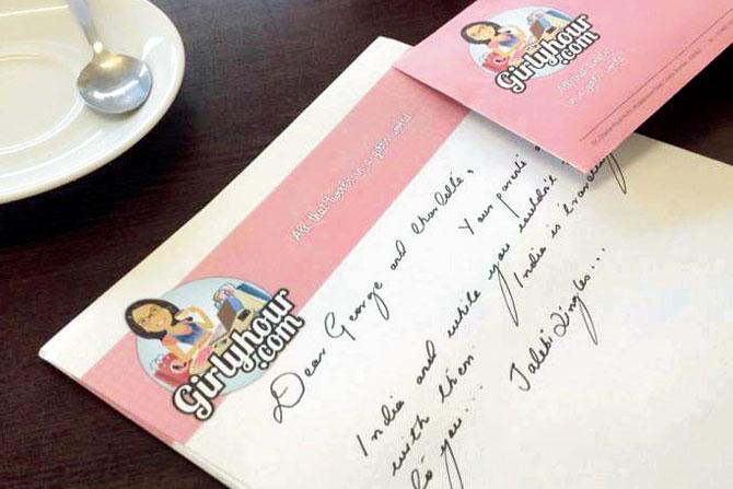 The letter that author Sakshi Singh sent to Prince George and Princess Charlotte in April, along with the copy of her book Jalebi Jingles