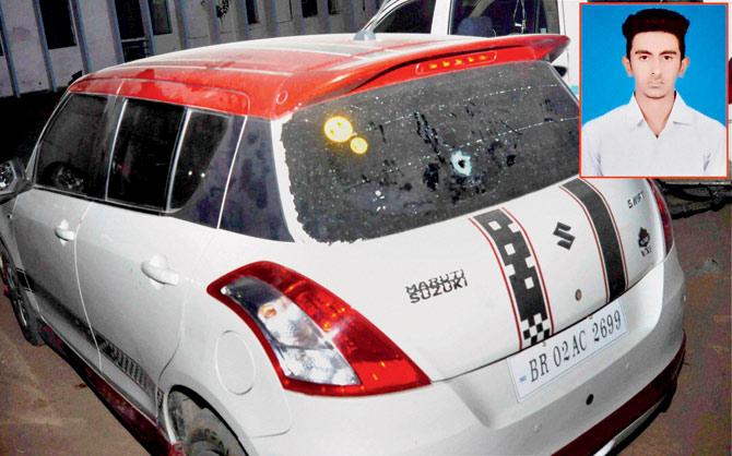 The car in which Aditya Sachdev (inset) was allegedly shot dead by Rocky Singh. Pic/PTI
