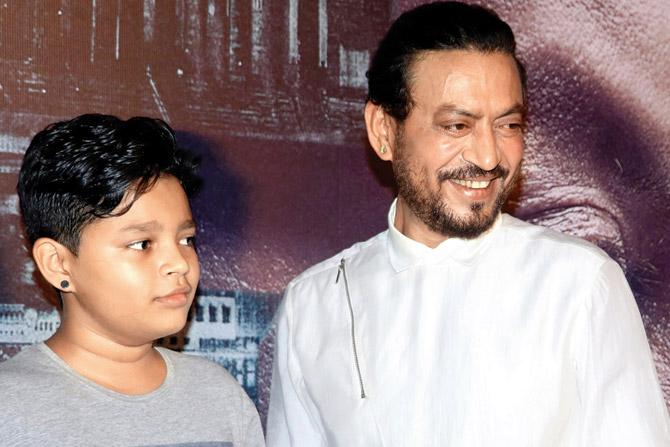 Irrfan with son Ayan and (below) the invite Ayan sent for his dad’s film