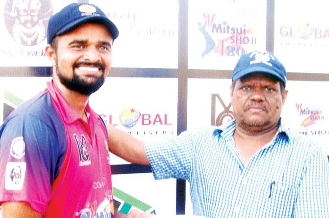 Bhushan Shinde (left) receives the Man of the Match award from Rizvi