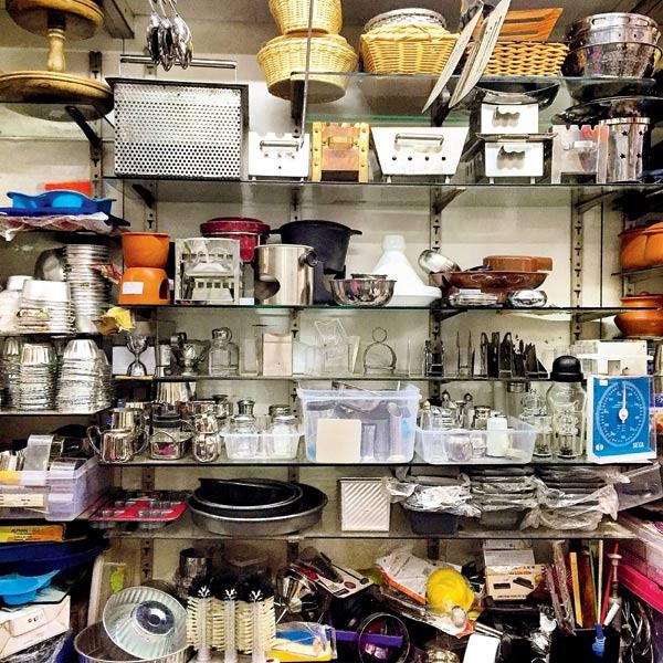A photograph of a wall lined with kitchen tools at Lohar Chawl’s Saria Stove Depot, posted by chef Thomas Zacharias on Instagram