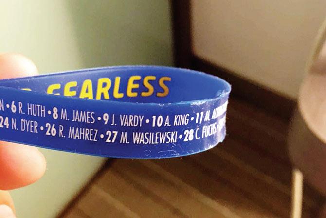 Leicester City wristbands that were distributed free to thousands of fans who thronged Bangkok’s streets