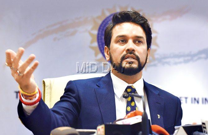 New BCCI president Anurag Thakur makes a point during a press conference at the BCCI headquarters yesterday. Pic/Atul Kamble