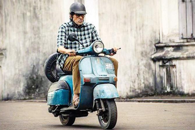 Amitabh Bachchan riding the vintage two-wheeler in his upcoming film