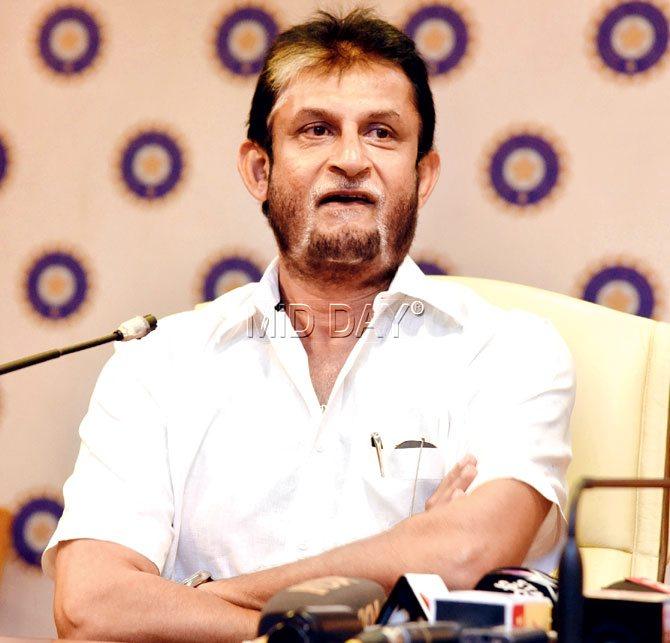 Chairman of selectors Sandeep Patil addresses the media after selecting the Indian team for the Zimbabwe and West Indies tours at the BCCI headquarters in Churchgate yesterday. Pic/Atul Kamble