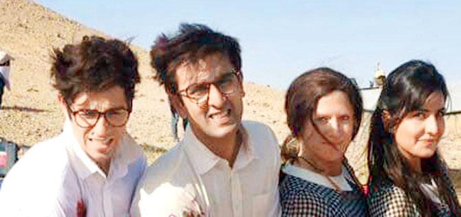 Ranbir Kapoor (second from left) with his body double and Katrina Kaif (right) with her stand-in