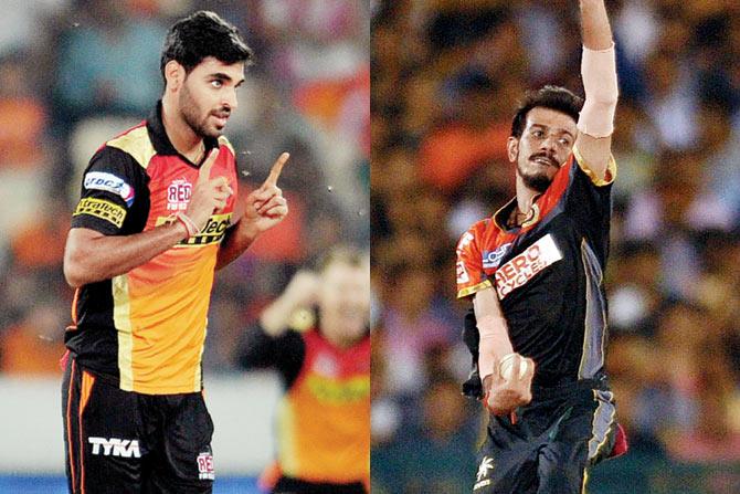 Sunrisers Hyderabad pacer Bhuvneshwar Kumar (left) is the  Purple Cap holder with 23 wickets in 16 games while RCB spinner Yuzvendra Chahal has bagged 20 wickets in 12 matches. PICS/Afp 