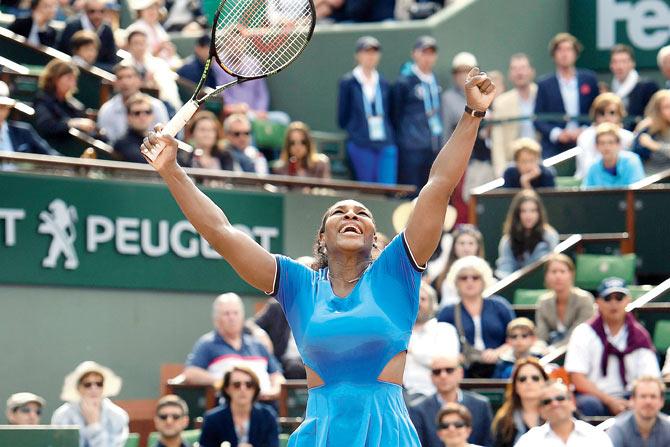 Serena Williams celebrates her victory over France’s Kristina Mladenovic  at the French Open in Paris on Saturday. Pic/AFP