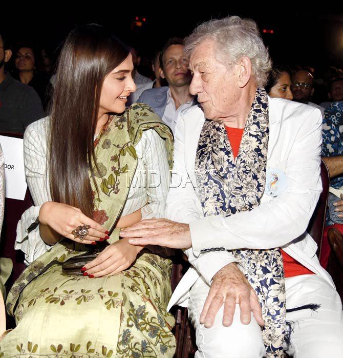 Sir Ian McKellen with Sonam Kapoor at the opening ceremony of the 7th Kashish Mumbai International Queer Film Festival at Liberty Cinema on Wednesday. Pic/Shadab Khan