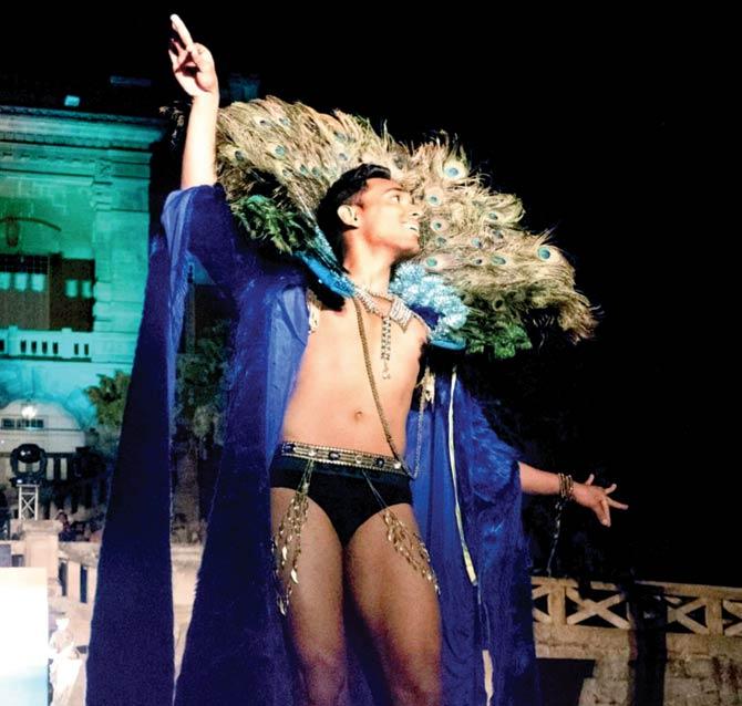 Sahoo on the ramp during the national costume round where he was dressed like a peacock