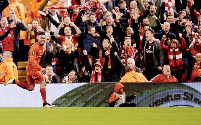 Liverpool’s Daniel Sturridge celebrates a goal against Villarreal on Thursday. Pics/AFP