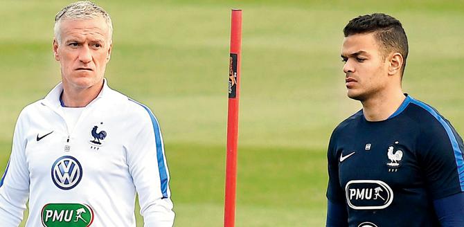 France’s head coach Didier Deschamps (left) with forward Hatem Ben Arfa during a training session in Clairefontaine recently. pic/AFP 