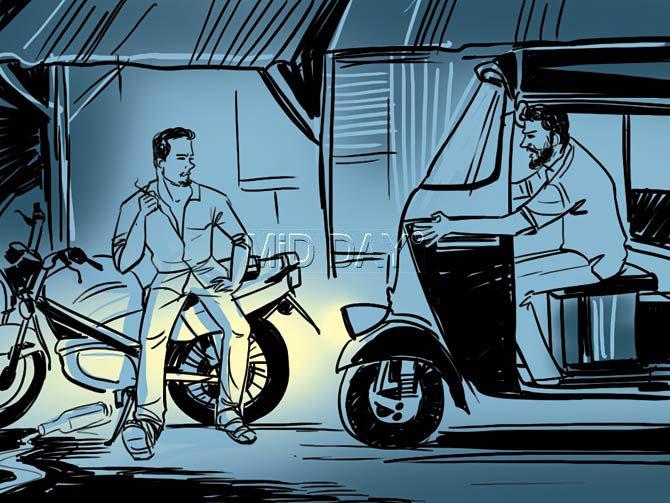 Auto rickshaw driver Bhagwan Appa Kengar returns home on Thursday night and goes to his usual spot to park his rickshaw and sees Rakesh Rajput’s bike in the middle. Illustration/Uday Mohite