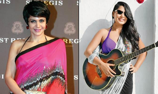 (Left) Mandira Bedi; (above) Musician and writer Nirmika Singh sports a creation from the beach saree collection