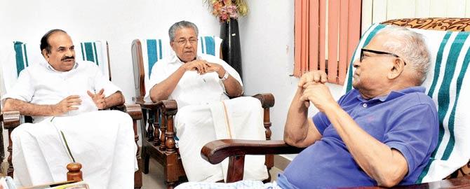 Kerala CM-designate Pinarayi Vijayan meets CPI(M) veteran VS Achuthanandan at his residence in Thiruvananthapuram. Pic/PTI