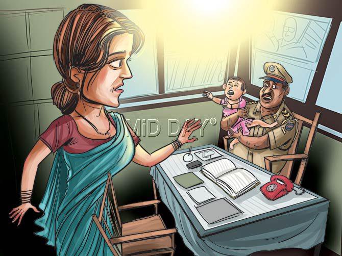 Versova resident Pooja Harikishan Lohat arrived at the Malad police station, claiming that a woman at a fish market asked her to keep an eye over her child as she relieved herself, but never returned. Illustration/Uday Mohite