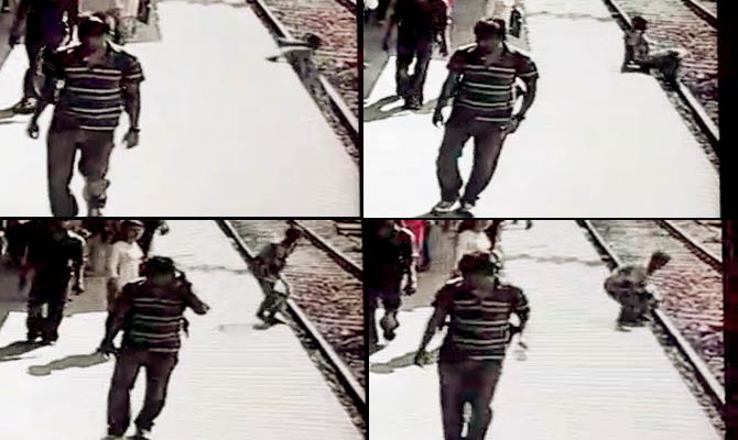 (Clockwise from left) CCTV camera grabs from the Ghatkopar railway station show Pramila Pokharkar getting down from the platform and jumping on the tracks