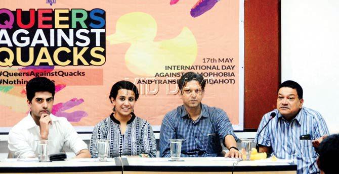 Sushant Divgikar (left) at the Queers against Quacks press conference held last week. Pic/Bipin Kokate