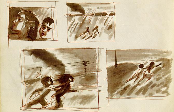 The scene where Apu and Durga run to see a train thunder past them