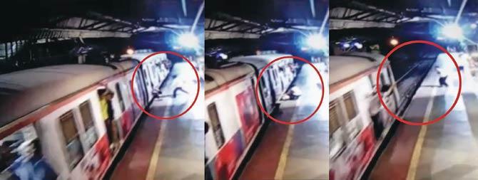 These CCTV grabs show Jagmohan Jaiswal losing his grip and another commuter rushing to help him