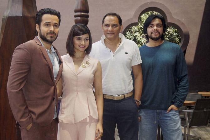Actors Emraan Hashmi and Prachi Desai with former cricketer Mohammad Azharuddin and director Tony D