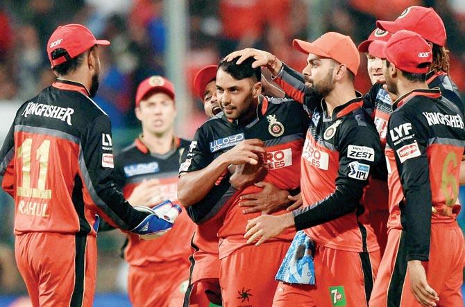 Royal Challengers Bangalore players celebrate the fall of a KKR wicket in Bangalore on Monday. PIC/PTI