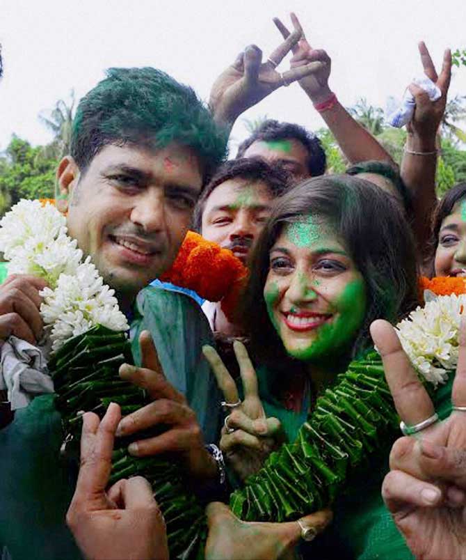 Laxmi Ratan Shukla celebrates his win in the West Bengal polls