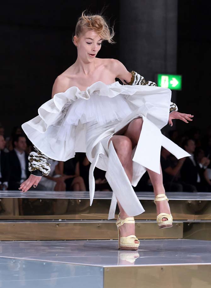 A model slipped on the runway while parading an outfit by Australian designer Toni Maticevski at Fashion Week Australia in Sydney