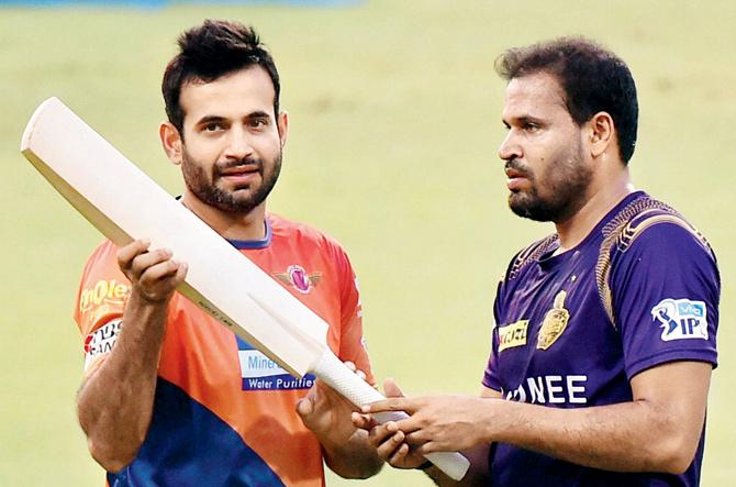 Kolkata Knight Riders’ Yusuf Pathan (right) with his younger brother and Rising Pune Supergiants all-rounder Irfan during a practice session at Eden Gardens in Kolkata yesterday. PIC/PTI