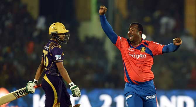 Dwayne Smith celebrates the fall of a KKR wicket at Kanpur on Thursday night. Pic/PTI
