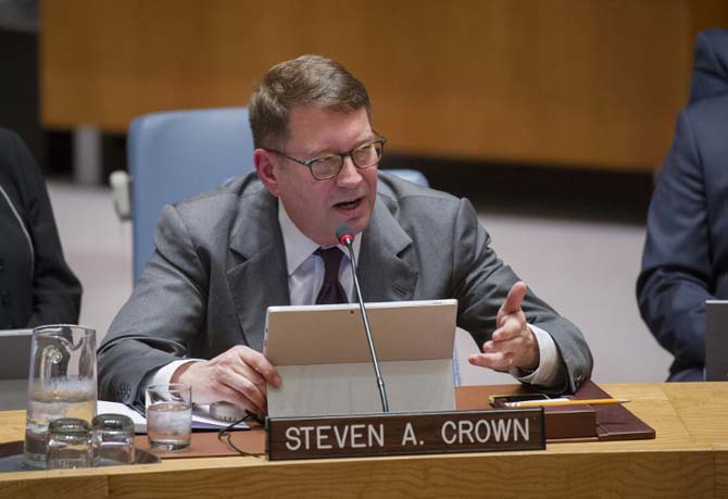  Steven A. Crown, Vice President and Deputy General Counsel of Microsoft Corporation, addresses the UN Security Council open debate on "Threats to international peace and security caused by terrorist acts: Countering the narratives and ideologies of terrorism" at the UN in New York. AFP PHOTO