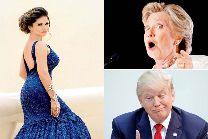 Sunny Leone. (Inset): Hillary Clinton and Donald Trump