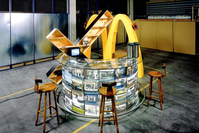 Artist Claus Föttinger’s installation, Hermann’s Döner Inn, was completed in 2000, and was a culmination of his road journey along the frontier line of Germany a decade after the fall of the Berlin Wall. The “The fast food giant’s logo questions how business was thrust upon the country without any regard for the local design aesthetics,” explains Föttinger. 