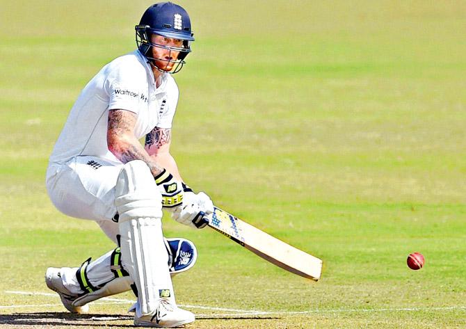 England all-rounder Ben Stokes plays a shot on the second day of the first Test match at Saurashtra CA Stadium in Rajkot yesterday. Pic/PTI