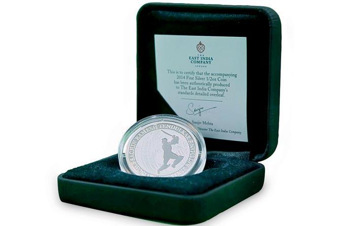 A silver coin minted by the East India Company (now owned by an Indian) to commemorate the 200th and final Test game of Sachin Tendulkar