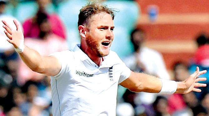 Stuart Broad celebrates a wicket against India yesterday. Pic/PTI