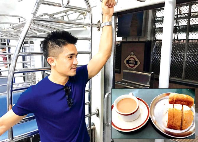 Sunil Chhetri in a local train. Inset: The Bun Maska he sampled. Pics/Chhetri