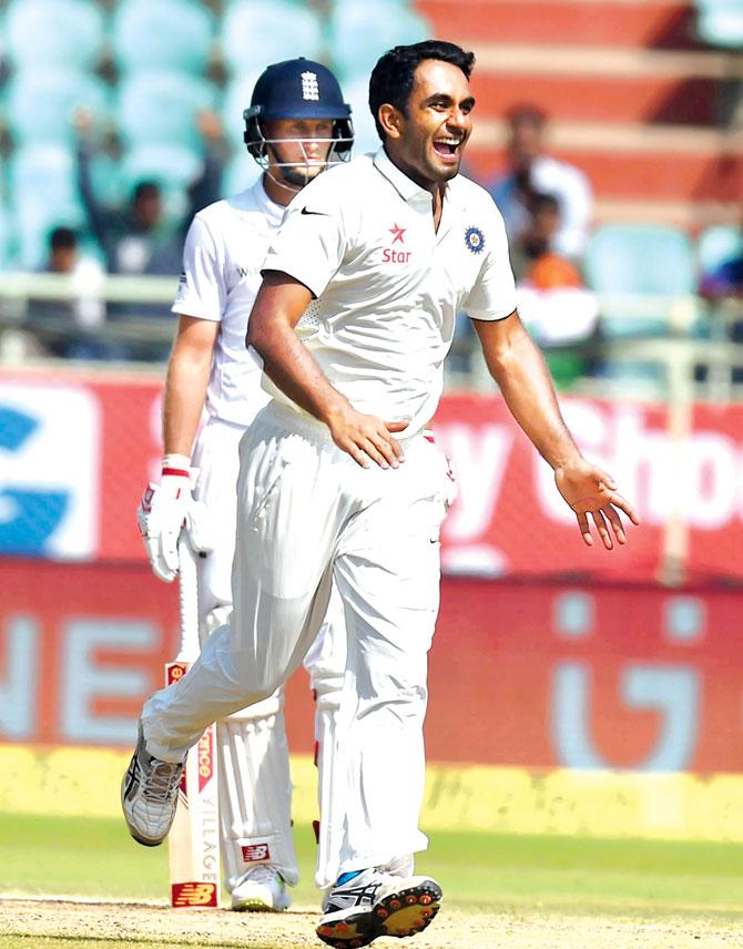 Jayant Yadav celebrates the wicket of Ben Stokes yesterday. Pic/AFP