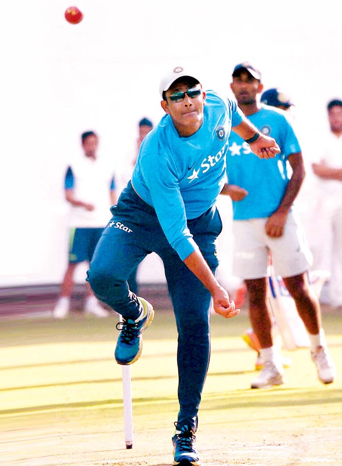 Team India chief coach Anil Kumble during a net session ahead of the third Test against England in Mohali yesterday. Pic/PTI