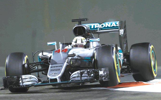 British racer Lewis Hamilton drives during practice of the Abu Dhabi GP at Yas Marina Circuit yesterday. Pic/Getty Images