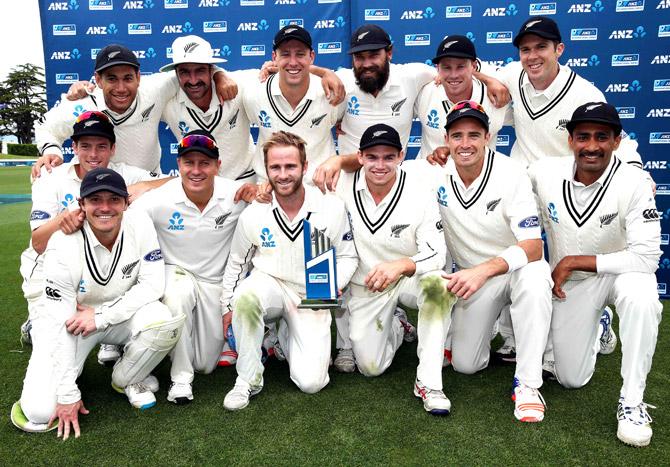 New Zealand players celebrate winning the test series 2-0 after day five of the second cricket Test match between New Zealand and Pakistan at Seddon Park in Hamilton. Pic/AF
