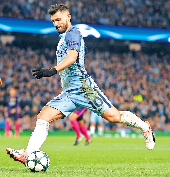 Manchester City striker Sergio Aguero prepares to fire one during the Champions League tie against Barcelona at the Etihad Stadium on Tuesday. City won 3-1. Pic/Getty Images
