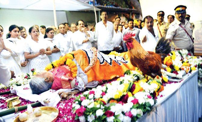 The last rites for the late Jayawantiben Mehta were carried out at Shivaji Park yesterday. Pic/Pradeep Dhivar