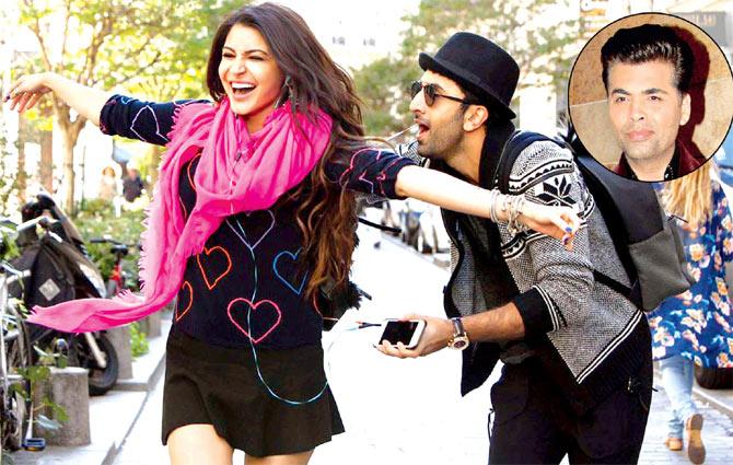 Anushka Sharma and Ranbir Kapoor in a still from Ae Dil Hai Mushkil; (inset) Karan Johar