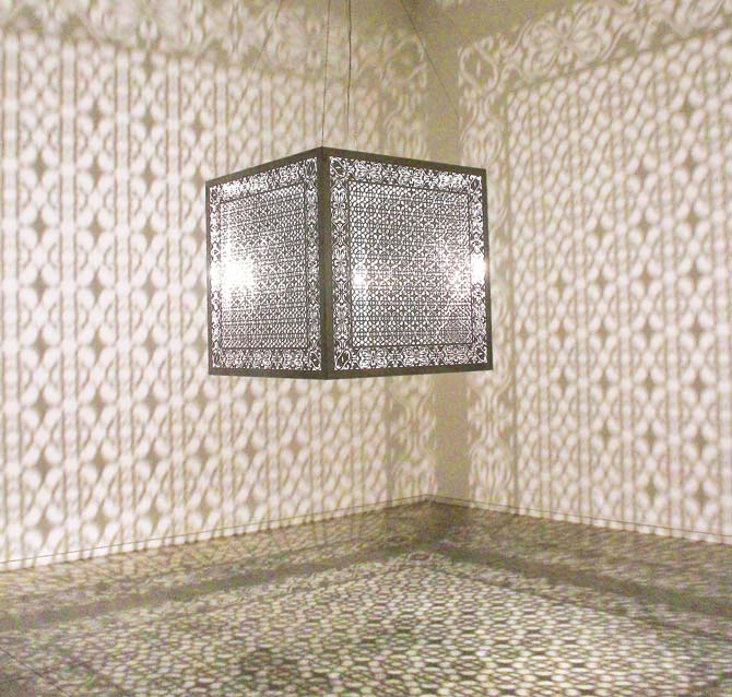 Contemporary artist Anila Quayyum Agha’s laser-cut stainless steel cube, Hidden Diamond (2016). Pics/AICON gallery