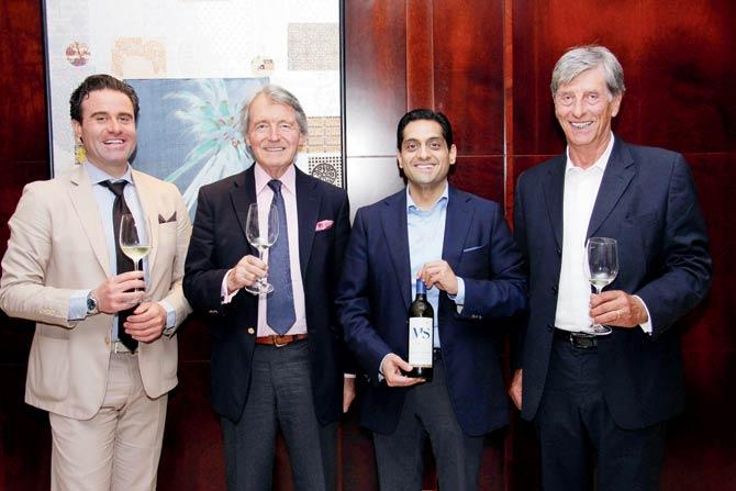 (L-R) Alessio Secci, co-promoter and director, Steven Spurrier, Kapil Sekhri, co-promoter and director, and Piero Masi, chief wine maker, at the launch of MS by Fratelli Vineyards