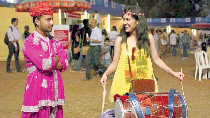 Dutt tries playing the dhol at The Lil Flea in Bandra