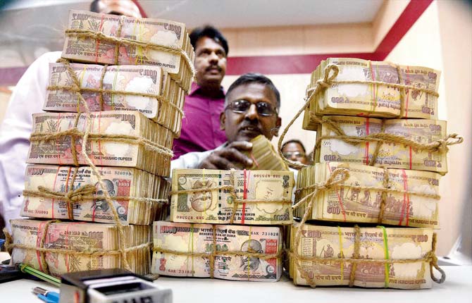 A bank employee counts the bundles of old Rs 1,000 and Rs 500 currency notes received at cash counter at a Punjab National Bank branch in Chennai. Pic/PTI