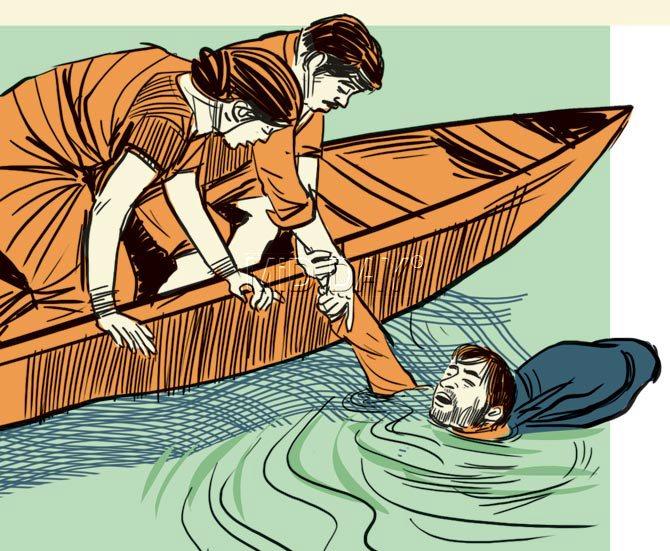 The couple come to Sunny’s rescue in their boat. He is taken to the shore, drenched to the bones, but still clutching his backpack